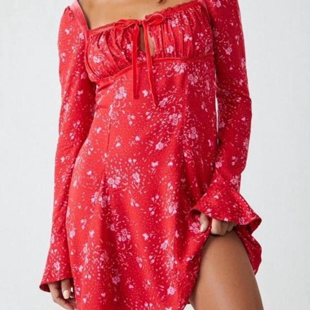 Free People red floral mini dress long sleeve new with tags size XS